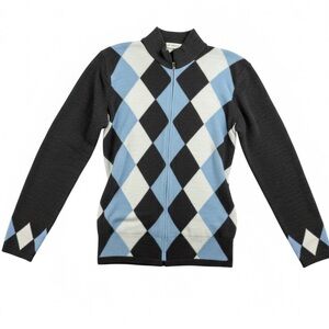 👛(ANY 2/$25) ALLISON DALEY Blue/White/Grey Full Zip Argyle Sweater.